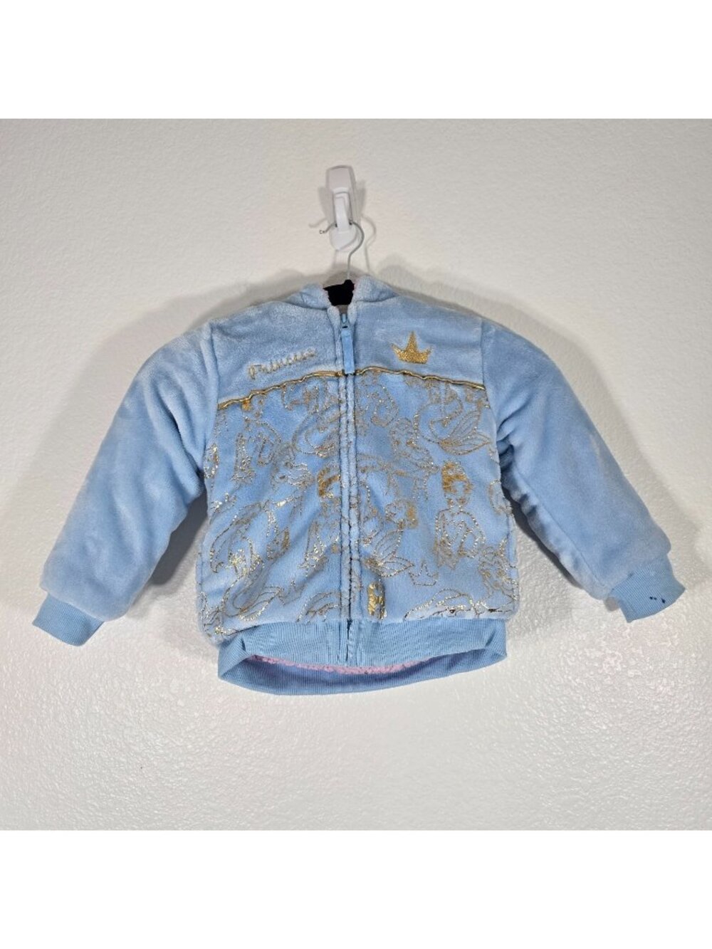 Disney Princess Plush Hooded Jacket Toddler 4T Blue Gold Fleece Lined Warm